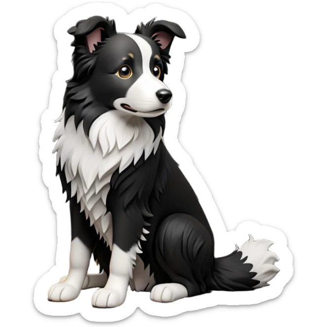 cinematic-[border collie dog]-realistic-full-body-sitting-emoji,-tail-resting-loosely-beside-its-paws,-head-tilted-dramatically,-scruffy-[black and white]-fur,-simplified-yet-realistic-focused-features,-highly-detailed,-glowing-with-an-almost-sarcastic-glow sticker
