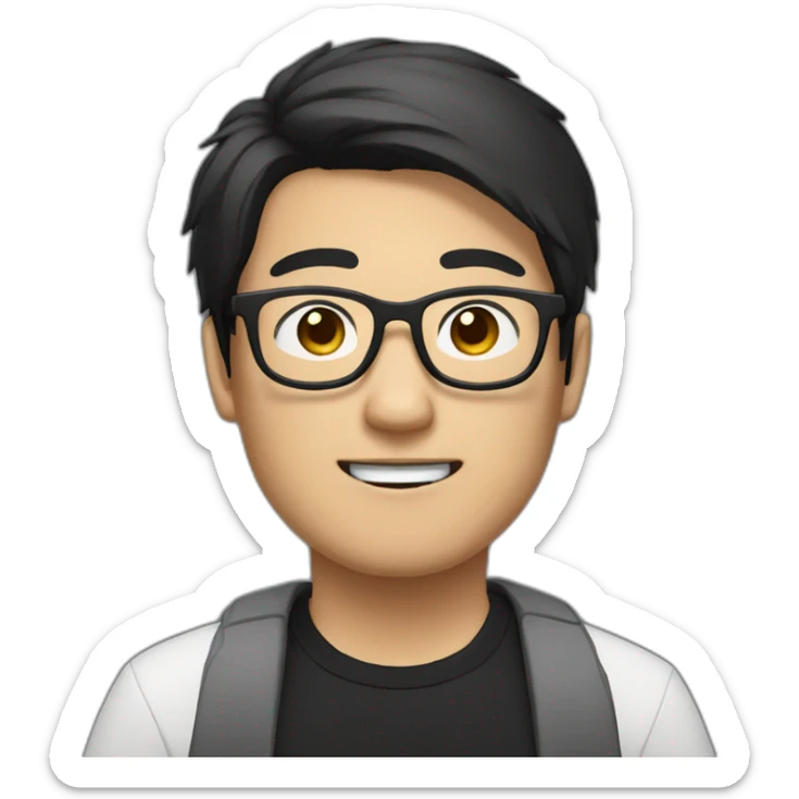 Heavy Asian Man with black neck length hair who wears spectacle with a black and white cat sticker