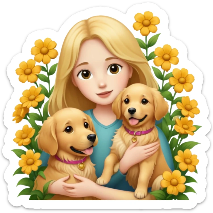 A girl is holding a golden retriever in the flowers sticker
