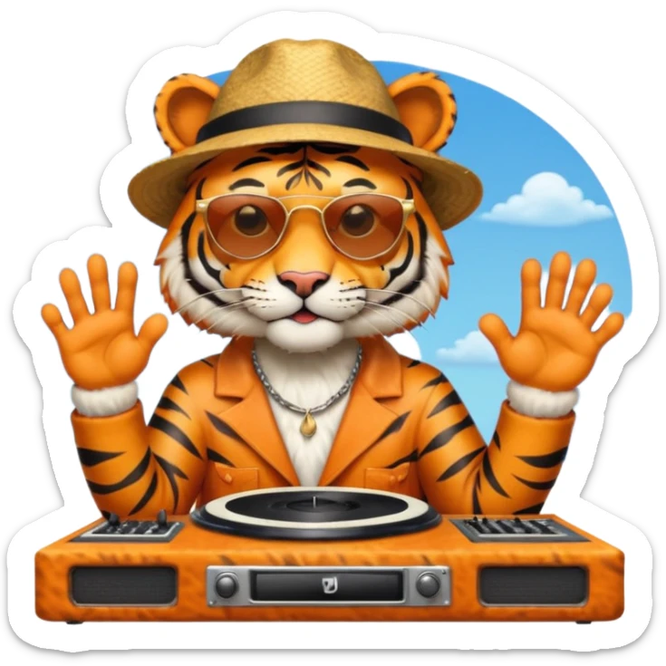 Un tigre con sombrero estilo cubano, una mesa de dj y gafas de sol. Una mano en la mesa de dj y la otra mano señalando al cielo a Dios sticker