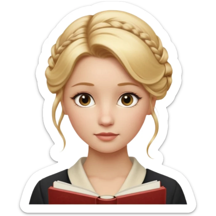 Cinematic Realistic Journal Portrait, depicted with lifelike skin texture, subtle rosy undertones, and soft natural lighting that enhances the gentle contours of her face. Her intricately detailed golden blonde hair is elegantly styled in an updo, sticker