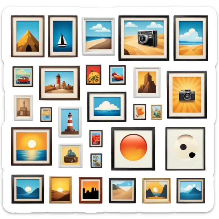 Icon for Photograph and Poster Collecting: a collection of photographs and movie posters, neatly displayed on a wall or in frames. The icon should evoke the nostalgia and artistic value of collecting rare images and posters. Transparent background. sticker