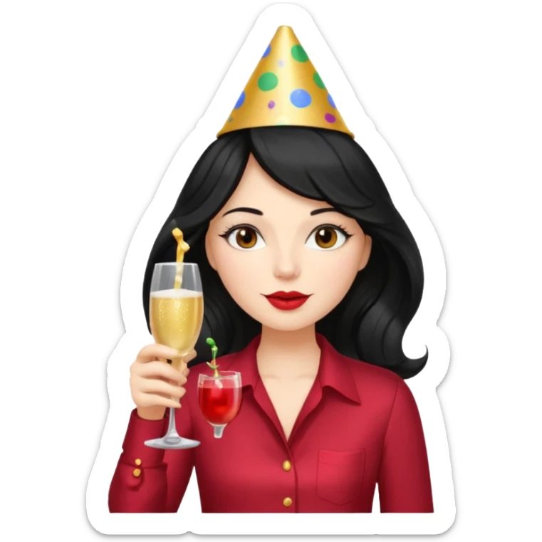 A woman with wavy black hair and a beautiful and authoritative cherry shirt drinking champagne sticker