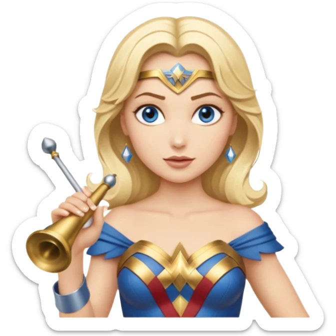 Blonde blue eyed Wonder Woman holding white orchestra conductor’s baton and bell  sticker