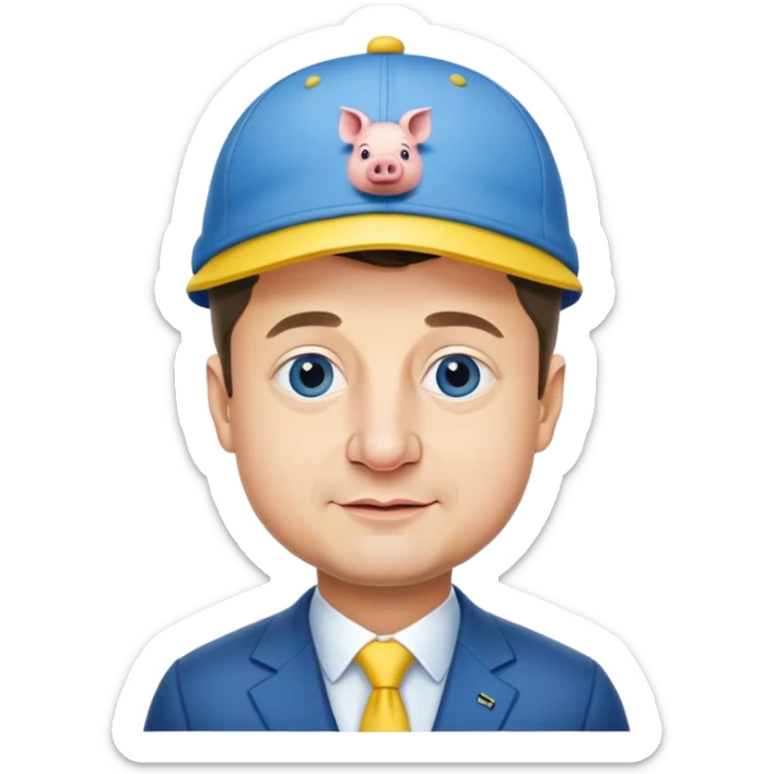 President Zelensky's head on a pig body wearing a yellow and blue hat sticker