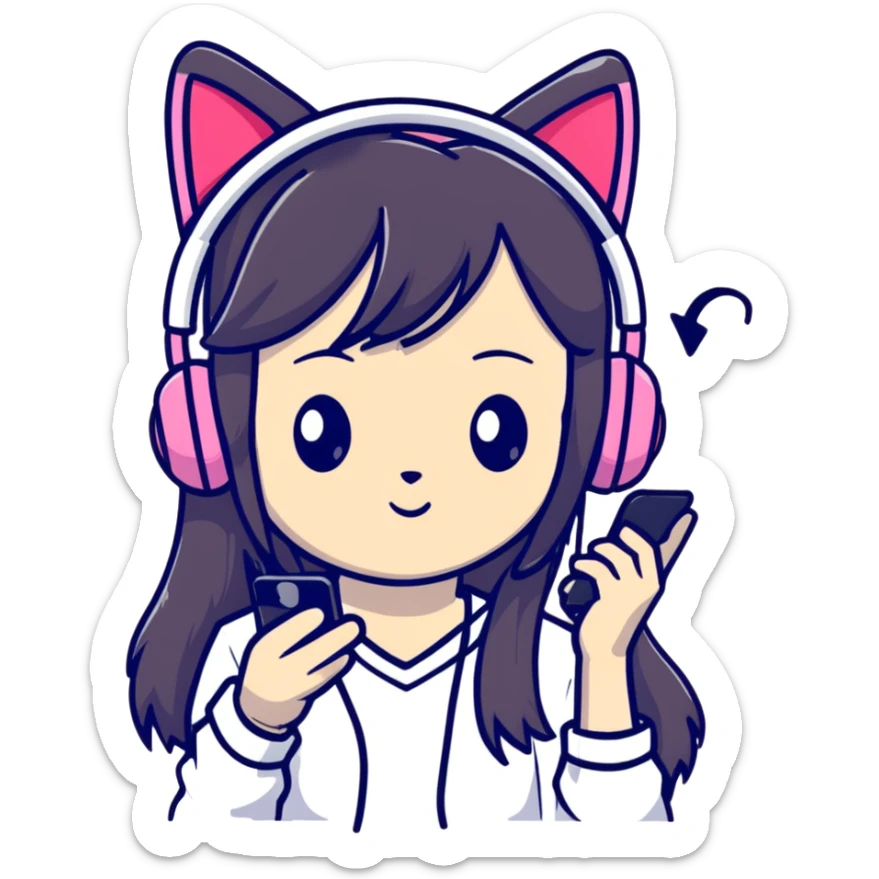 Super kawaii Japanese girl with long hair wearing cat ear headphones and holding a mobile phone sticker
