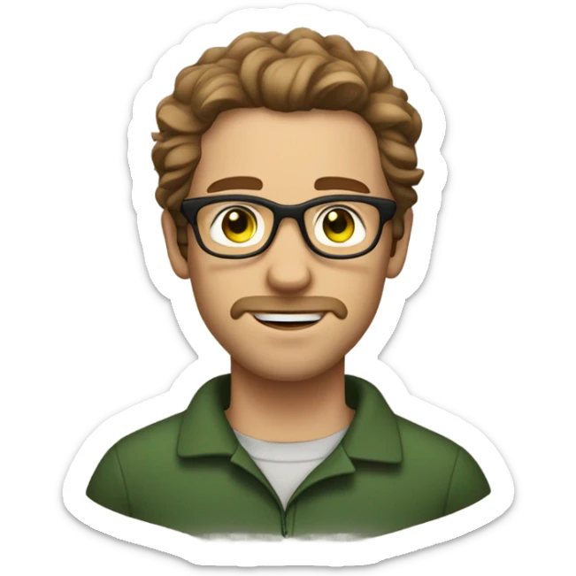 GREEN eyes, white male , brown wavy hair, brown glasses, stubble sticker