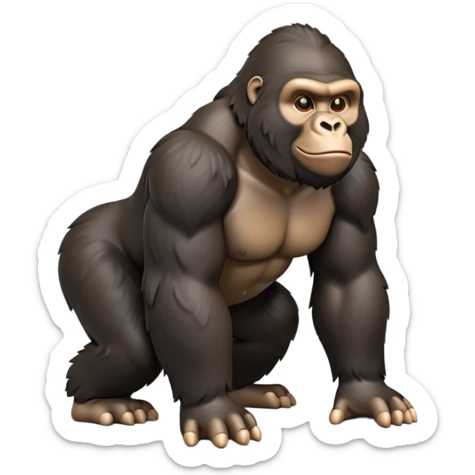 cinematic-gorilla-realistic-full-body-on-all-fours-emoji,-exuding-strength,-thick-dark-fur-in-the-light,-head-tilted-dramatically,-deep-friendly-eyes-filled-with-intense-intelligence,-simplified-yet-realistic-focused-features,-highly-detailed, zoomed out friendly  sticker