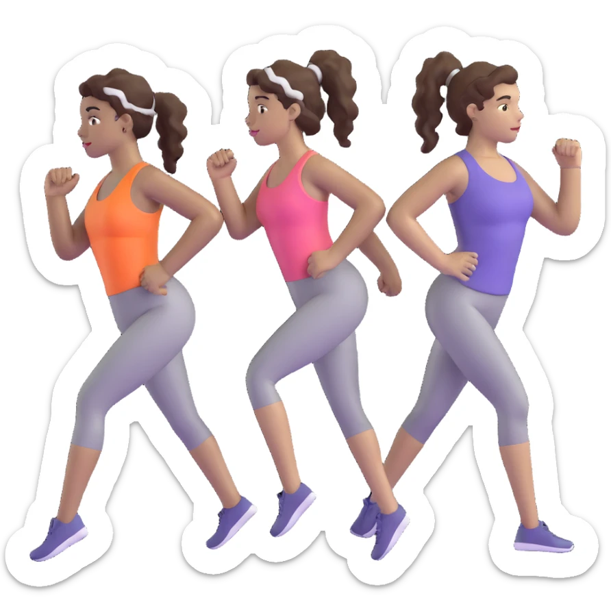 three women friends exercising together, one black woman with curly brown hair, one pale white woman with curly brown hair, and one pale white woman with straight brown hair in a ponytail sticker