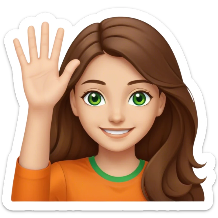 smiling girl with long brown hair, middle hair split, waving, green eyes, orange shirt sticker