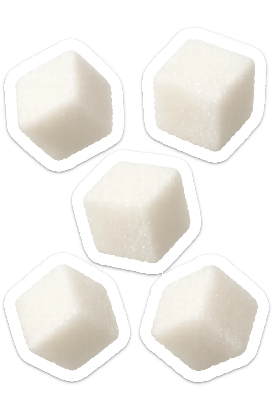 emoji stile iphone di zollette di zucchero che fluttuano in aria, iperrealistico 4k, isolato su sfondo bianco sticker