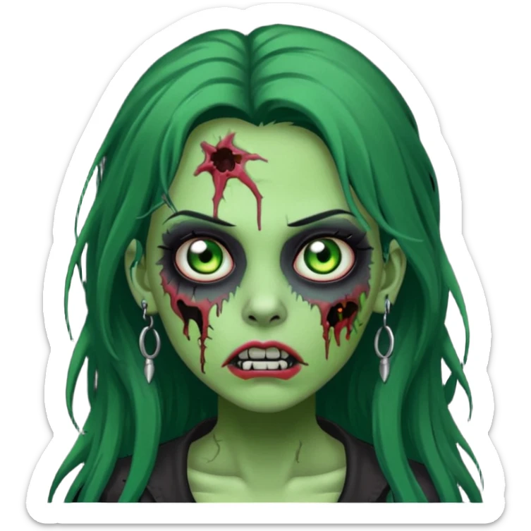 Zombie girl with a facial piercings long black hair green skin sticker