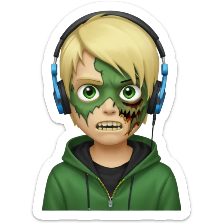 boy zombie whit blonde emo hair and eyes blue and GREEN SKIN and heandphones AND A MICROFONE AND GOLD TEETH and agesive face and the hoodie black sticker