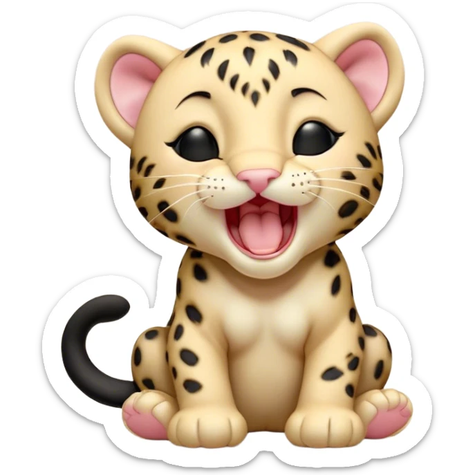 Cinematic Cute Yawning Baby Panther Portrait Emoji, Head tilted slightly with a dramatic, wide-open yawn, showcasing a small, plush body with drowsy, half-closed eyes and an open, relaxed expression, Simplified yet irresistibly adorable features, highly detailed, glowing with a soft, cozy glow, high shine, relaxed yet expressive, stylized with a dash of whimsical charm, soft glowing outline, capturing the essence of a drowsy yet affectionate baby panther that appears ready to stretch out for a nap! sticker