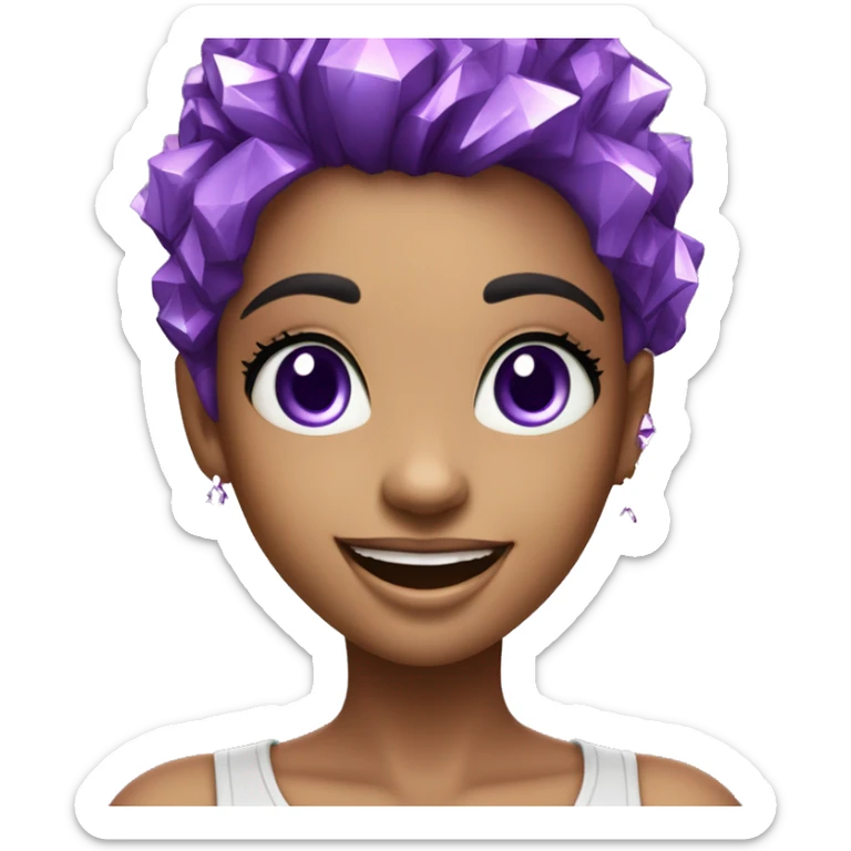 one girl with purple diamond hair made from purple crystals or diamonds or jewels, she is feeling happy and elated and excited, make her hair shiny with prisms and angles and edges sticker