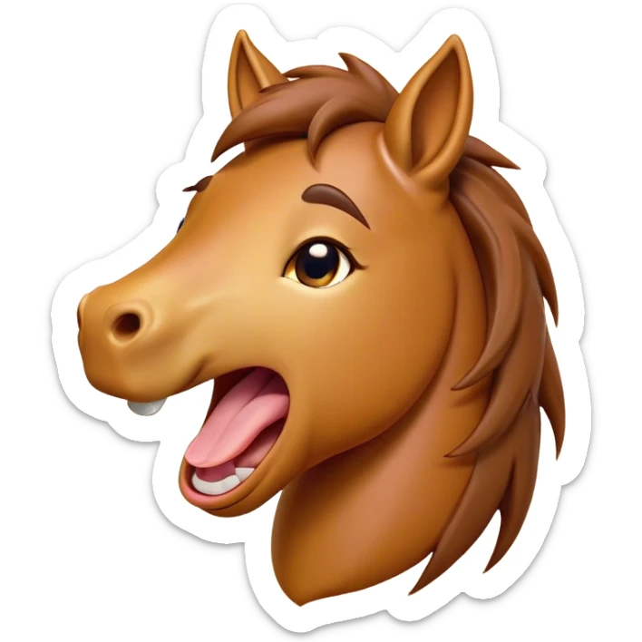 Cinematic Cute Yawning Bay Horse Portrait Emoji, Head tilted slightly with a dramatic, wide-open yawn, revealing a smooth bay fur with a subtle luster, floppy ears slightly drooping, round amber eyes barely open in drowsy contentment, Simplified yet irresistibly adorable features, highly detailed, glowing with a soft, cozy glow, high shine, relaxed yet expressive, stylized with a touch of equine whimsy, bright and endearing, soft glowing outline, capturing the essence of a sleepy yet affectionate horse, so drowsy it feels like it could stretch out of the screen and curl up for a nap! sticker