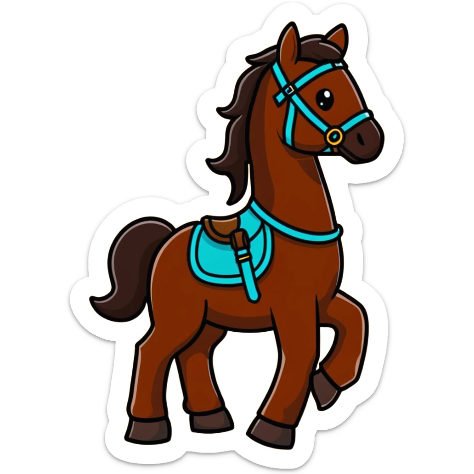 Dark chestnut horse with turquoise western tack full body standing still sticker