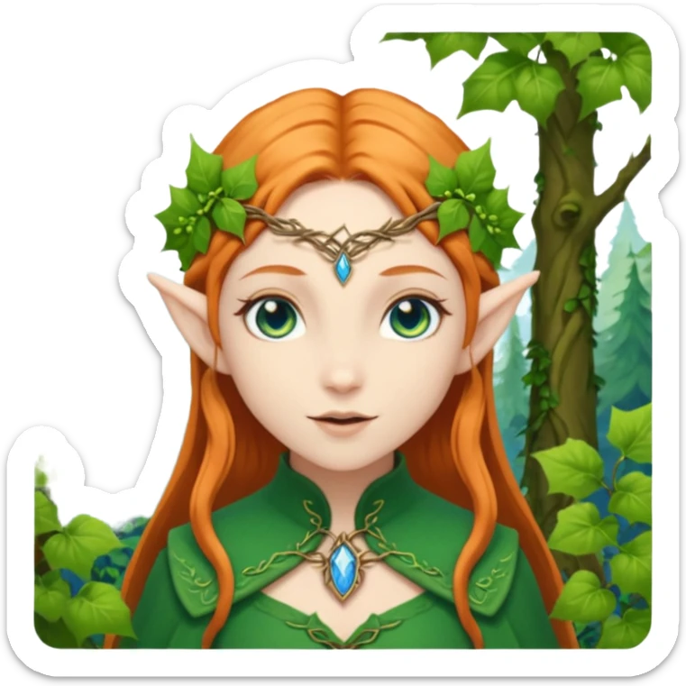 Hyper realistic green ivy forest elf mage fairy pale skin blue eyes ginger hair sticker