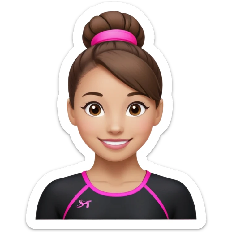 Happy female gymnast with brown hair in a neat bun, wearing a black uniform with neon pink elements. sticker