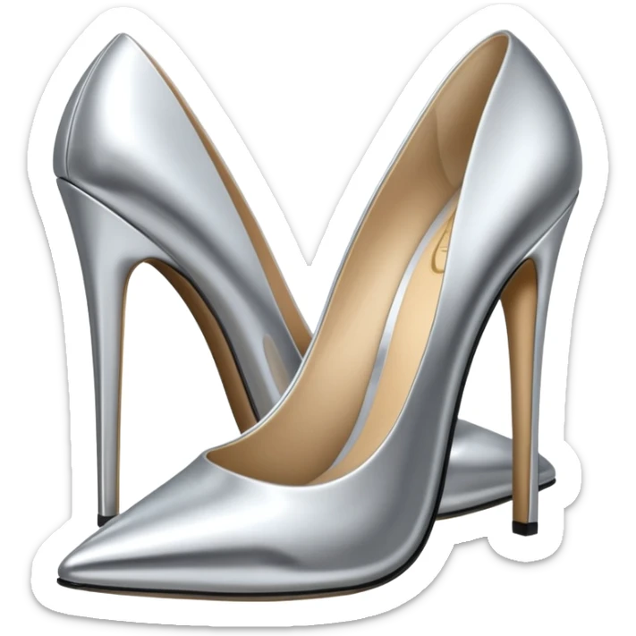 A pair of high heel shoes emoji made of polished silver chrome, elegant sharp silhouette, smooth metallic surface, glossy reflections, luxury sexy vibe, minimalistic iOS emoji style, centered, clean white background sticker