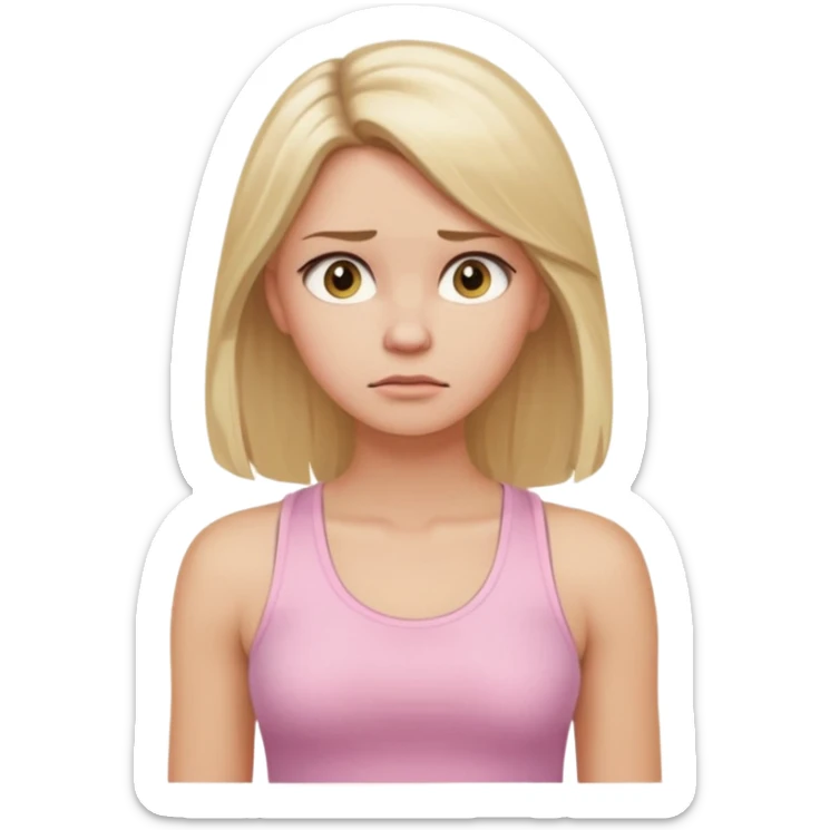Create a young woman with long blonde hair, golden eyes, and medium-light skin tone, wearing a light pink tank top and leggings. She should be in portrait mode, but with a subtle doubting facial expression—slightly raised eyebrow, small frown, .  and her hand next to her chin like this emoji 🤔 sticker