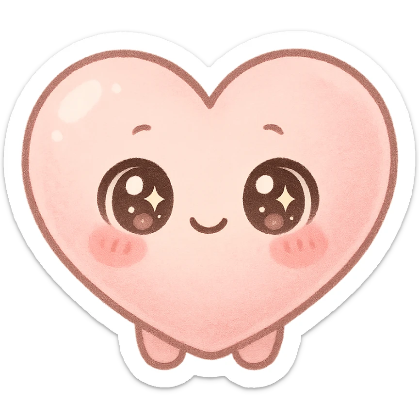 kawaii chibi pink heart character with big sparkling eyes, soft pastel colors, no arms, no legs, full body, soft pastel kawaii style sticker