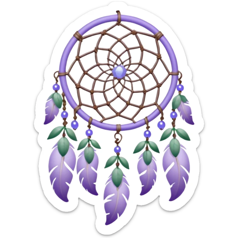Lavender lilac pastel purple dreamcatcher-suncatcher with lavender flowers and lilac flowers attached, blue beads, and white beads, green leaves sticker