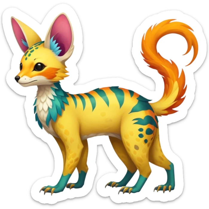 Feral Rare Fantasy vibrant colorful tropical Vernid-Trico-species by LiLaiRa, random markings, tufted tail, tufted ears, full body sticker