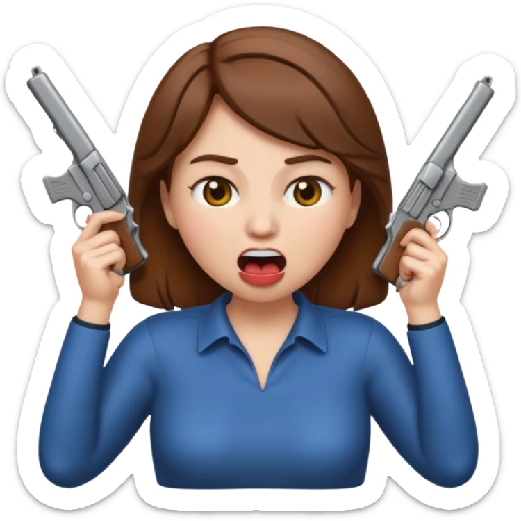 the woman emoji with brown hair and white skin choking herself  with both hands around her neck with her mouth open and two arms from behind her holding a gun in each hand point directly at her head sticker