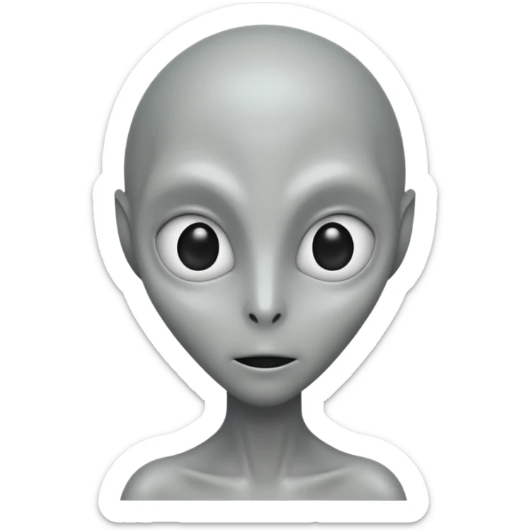 Portrait of a grey alien with large black eyes, thin face, elongated head, smooth grey skin, minimalist design sticker