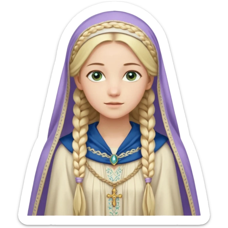 Joven de unos 30 años, de aspecto dulce y elegante.
Piel clara, ojos (pueden ser azules o verdes)
Rubio o castaño claro, largo, con trenzas o velo.
Vestido largo de tonos suaves (blanco, azul o lavanda), con bordados dorados; un manto o toca fina cubriendo la cabeza. Haz todo el cuerpo sticker