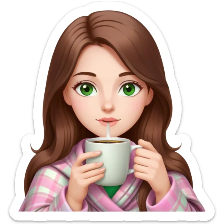 A pretty white woman with long brown hair and green eyes wrapped in pastel pink plaid blanket drinking coffee sticker