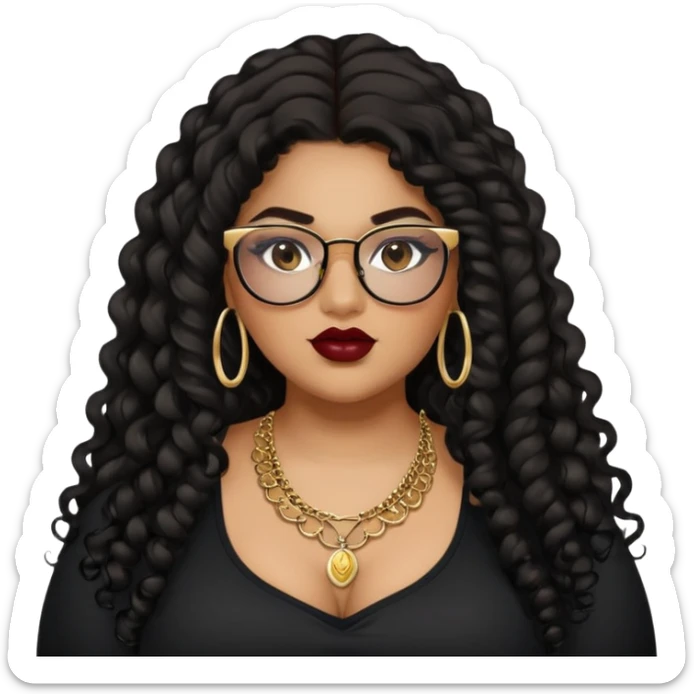 teen big plus size, latina, darker tan skin, gold jewelry, long black curly hair, baddie,pretty, makeup, dark red lipgloss, black eyeliner, long hair, black top, black glasses sticker