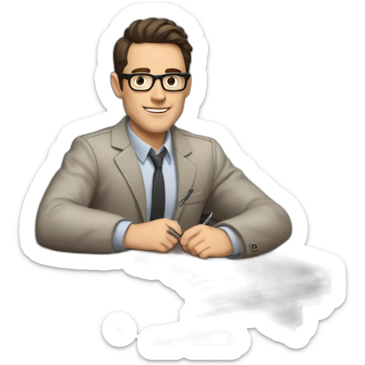 Pale skinned Fit Man With dark brown hair in gray jacket, beige office shirt and vintage glasses sitting In a soft chair with a notebook with emblem Ψ and a pen in his hands sticker