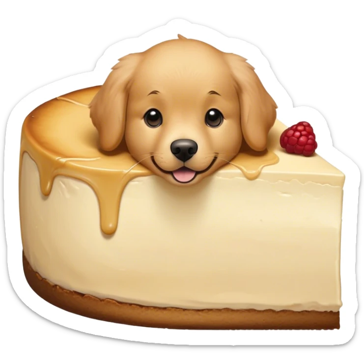 Golden retriever head coming out of a slice of cheesecake sticker