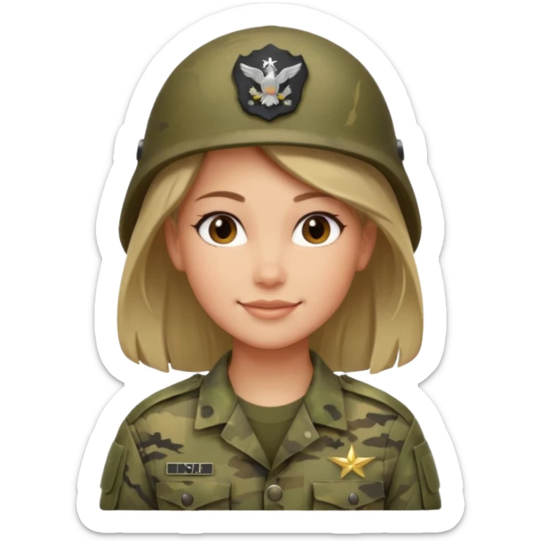 Female soldier emoji in Apple style, no cap/helmet, bust portrait, gentle smile, generic camo, hair visible, soft gradients, transparent PNG sticker