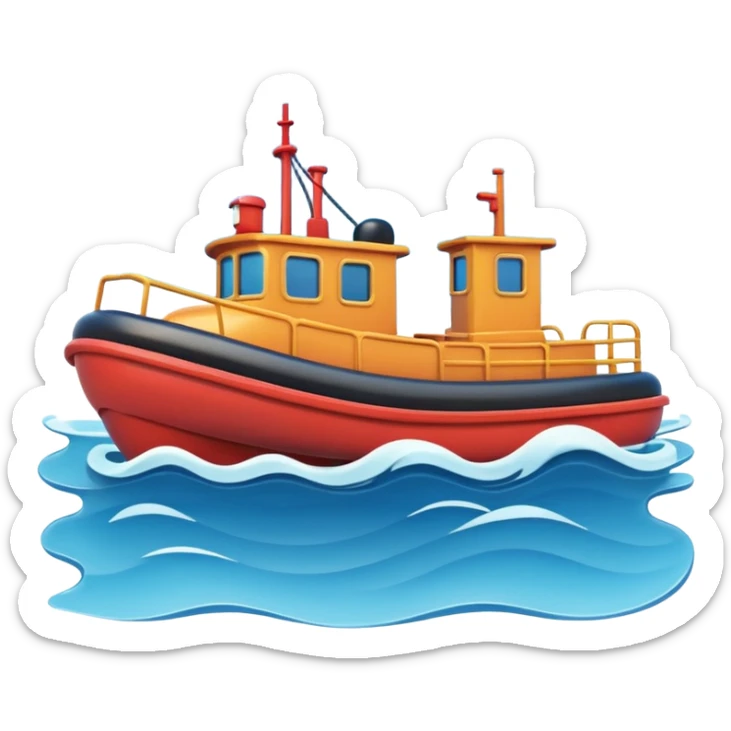 A 3D cartoon tugboat towing another boat on calm blue water, soft waves, clear sky, Memoji-style. sticker