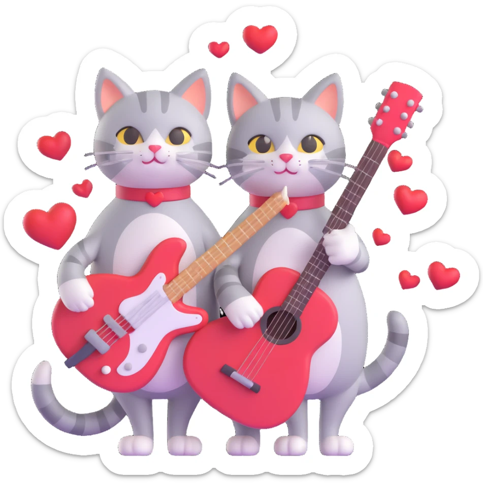 two happy cats in love, one holding a guitar, the other holding a giant paintbrush, standing close together, hearts above them sticker