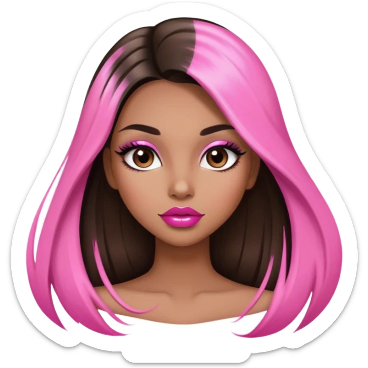 Glamourous, light brown skin tone, very beautiful girl, with big plump pink shiny lips, long long lashes, black straight smooth silky long hair, straight parting hair, brown eyes sticker