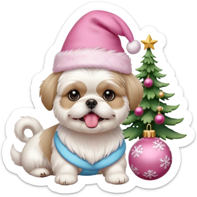 one white all over little shih tzu dog short hair with tongue hanging out sitting with light pink christmas hat sitting next to pink ornament sticker