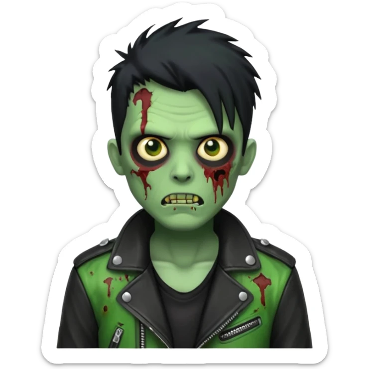 Hombre zombie de piel verde con chaqueta de cuero punk, pelo negro sticker
