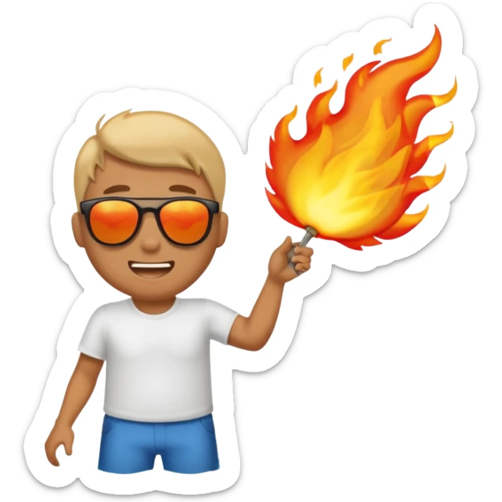 Comic emoji of man trying to fan himself because it's sunny then suddenly his butt is on fire but then it got bigger and then goes to the ocean but makes the fire bigger sticker