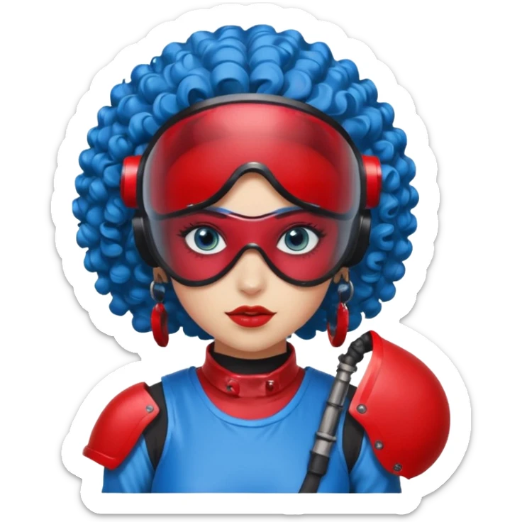 blue curly haired girl with huge earrings wearing red paintball helmet with eye protection, only face  sticker