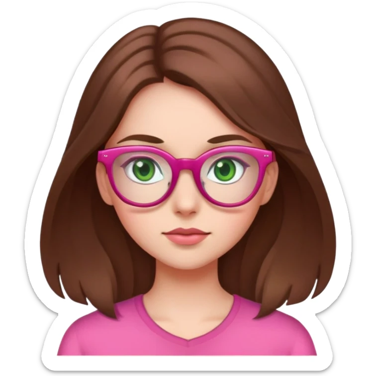 Girl long brown hair, green eyes, glasses, pink sticker
