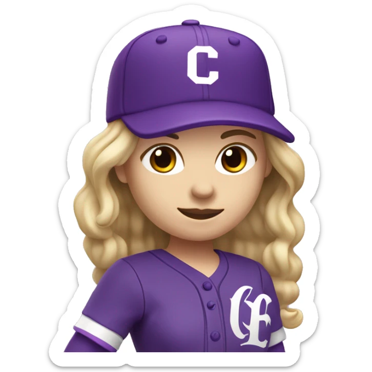 baseball card character. Blonde female long shoulder length hair. letter C logo. Purple and white uniform. sticker
