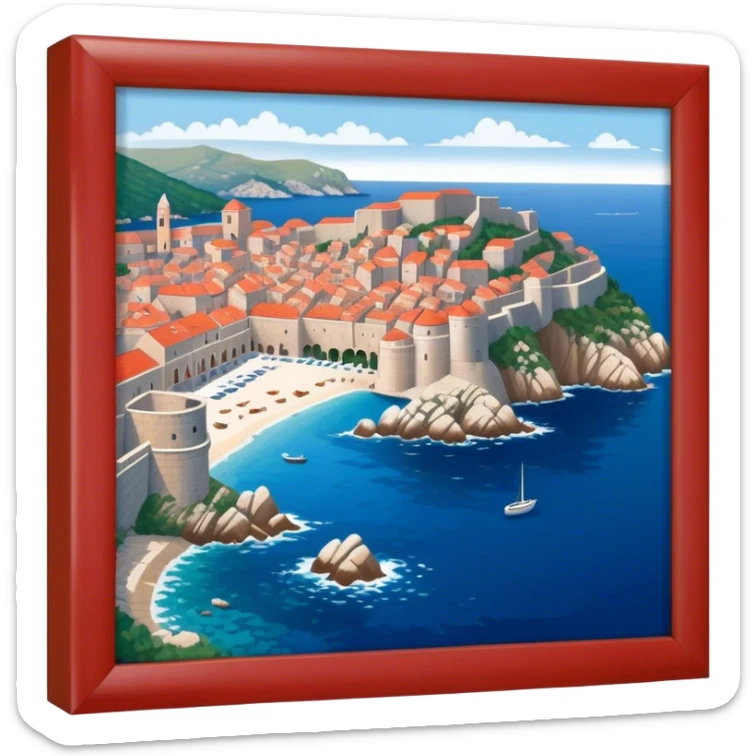 Dubrovnik – Cinematic Realistic Dubrovnik, depicted as a stunning coastal city with red-tiled roofs and ancient stone walls, set against the deep blue Adriatic Sea under warm Mediterranean light, rendered with rich textures that capture its enchanting beauty. sticker