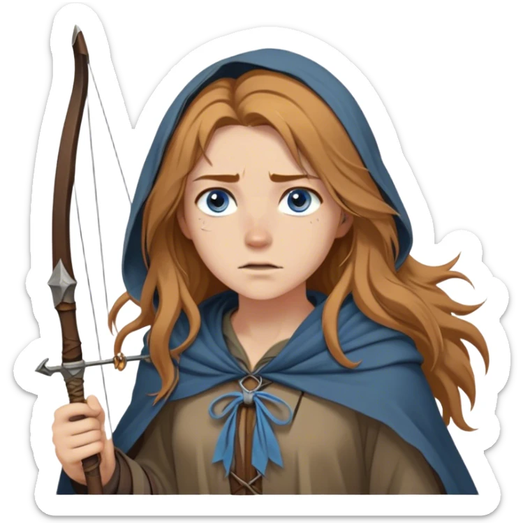 A young human woman with long, unkempt golden-brown hair, piercing blue-gray eyes filled with quiet determination. Dressed in a worn tunic and a tattered cloak, her calloused hands grip a bow, a hunter surviving against the odds. sticker