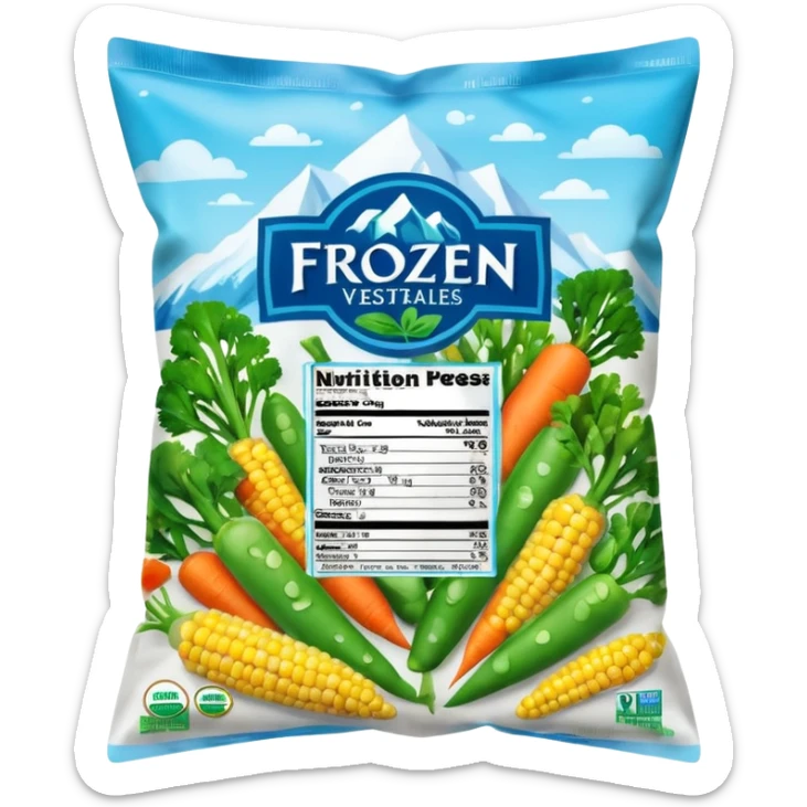 A colorful plastic bag of frozen mixed vegetables (peas, carrots, corn, and broccoli) with a bright label showing freshness and nutrition info. The bag surface has light frost and condensation. Placed in a freezer display section with other frozen food packs around it, real-life grocery store look. sticker