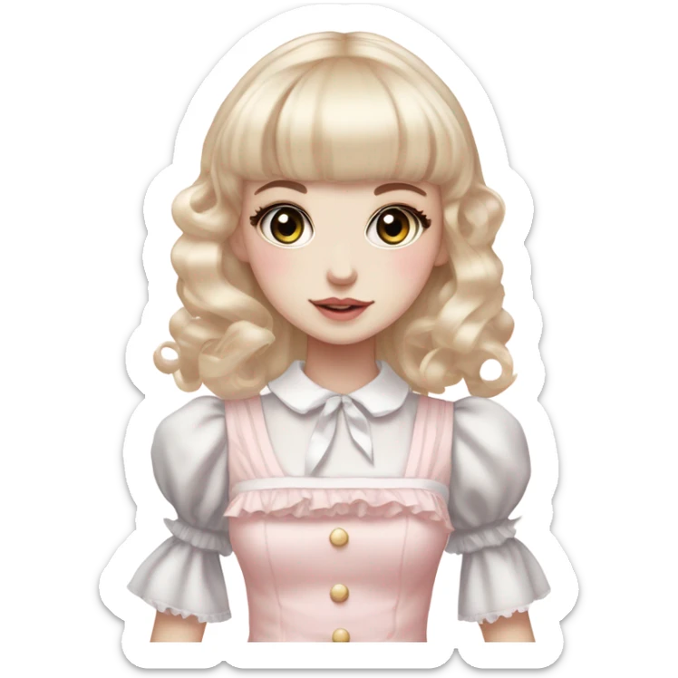 pale girl , who has curly medium length blonde and baby pink swirled hair with bangs , grey eyes , and doll like makeup , in a light pink lolita hime gyaru dress  sticker