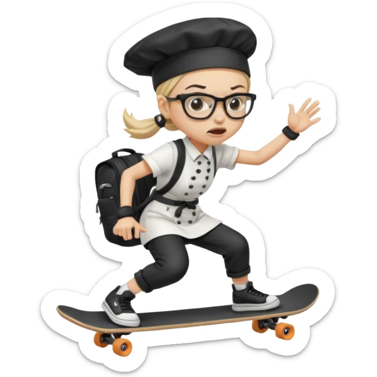 ["An angry woman with light skin, ponytail, wearing a chef hat and square glasses, dressed in goth fashion, is skateboarding while holding a backpack."] sticker